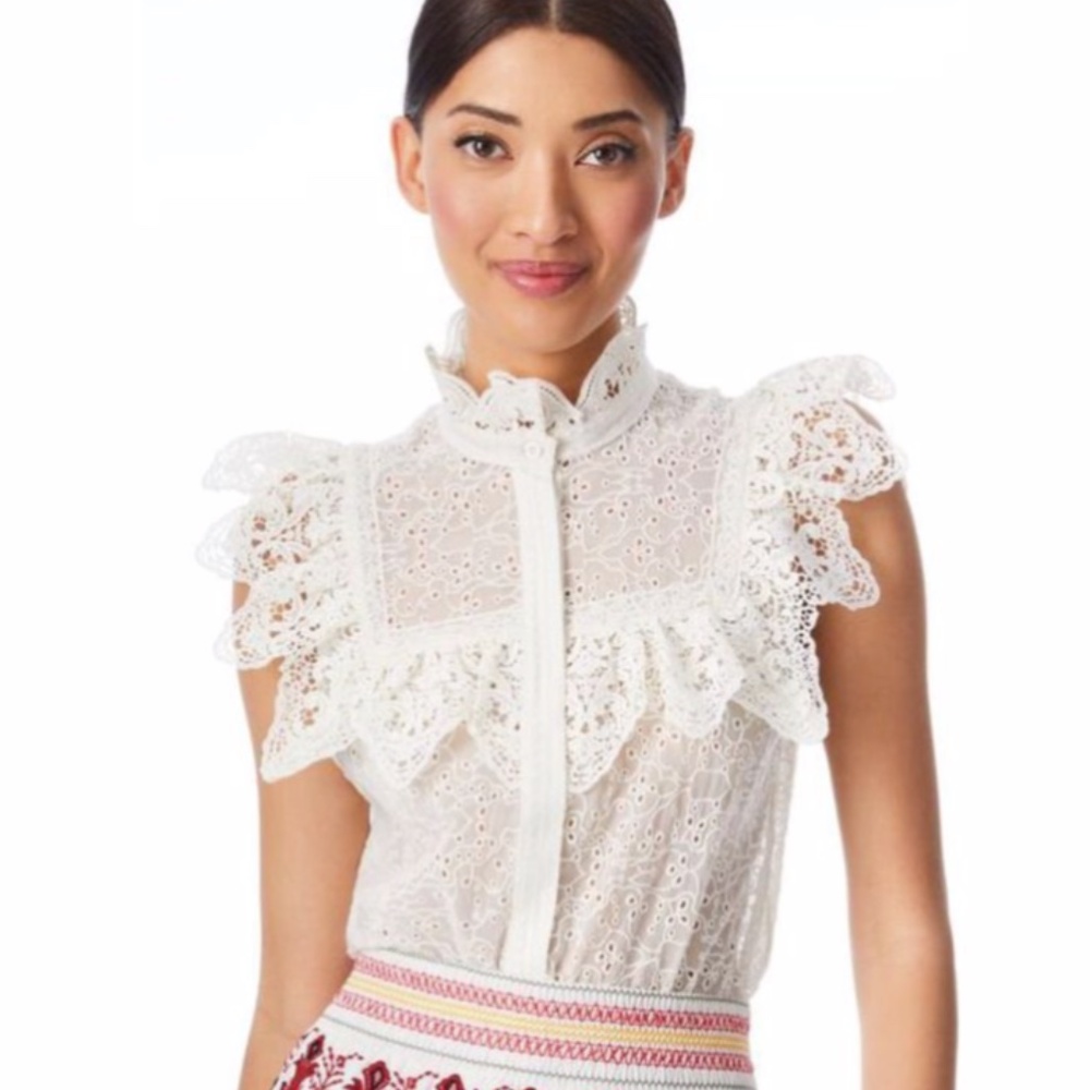 Alice + Olivia Marian Eyelet & Ruffle Blouse off white